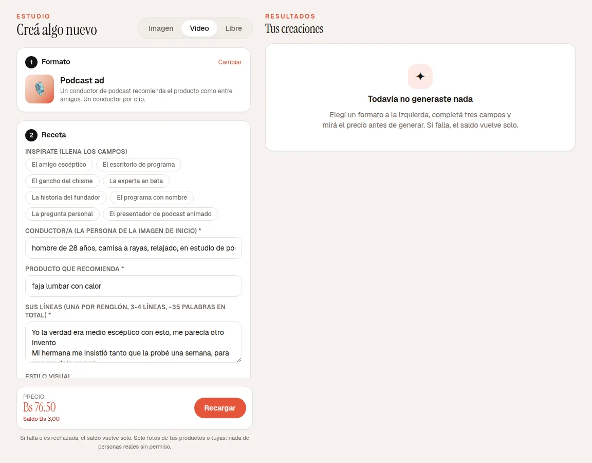 El estudio: formato elegido, tres campos y el precio antes de generar