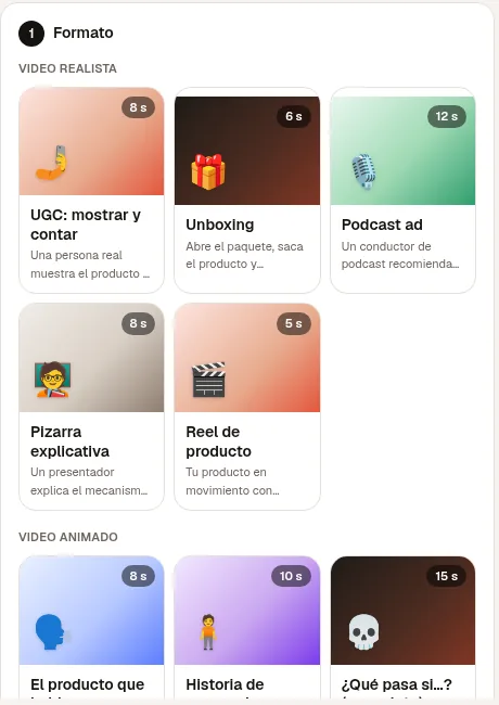 Grilla de formatos en el celular