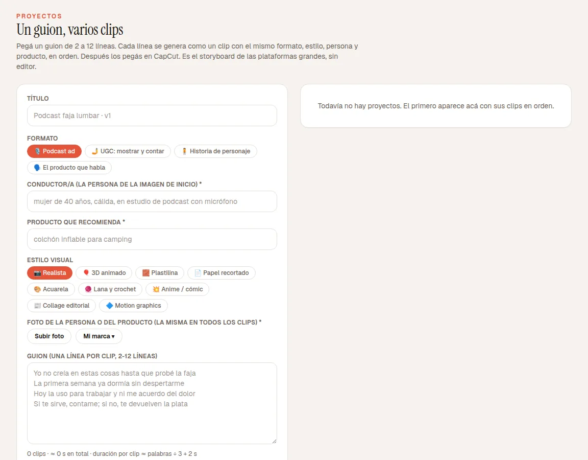 Proyectos: un guion dividido en clips generados en orden